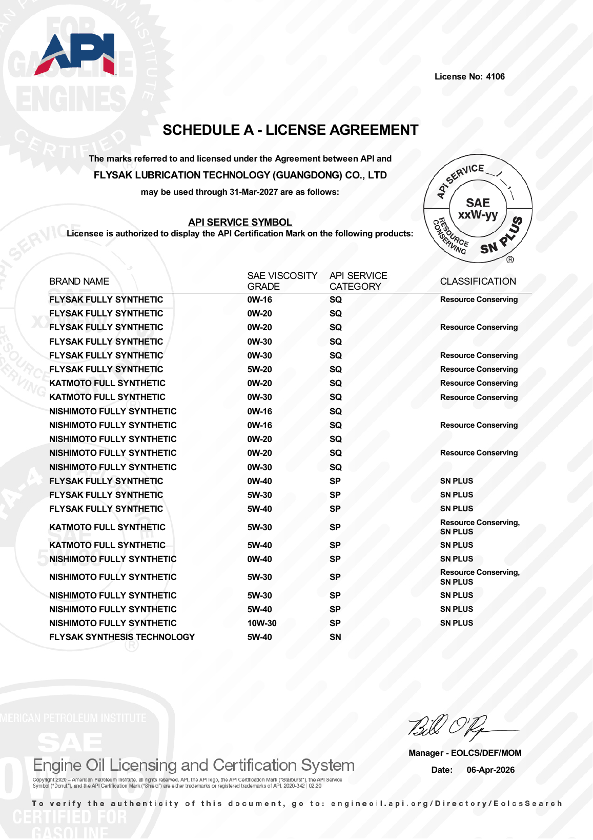 API EOLCS License No. 4106 certificate preview